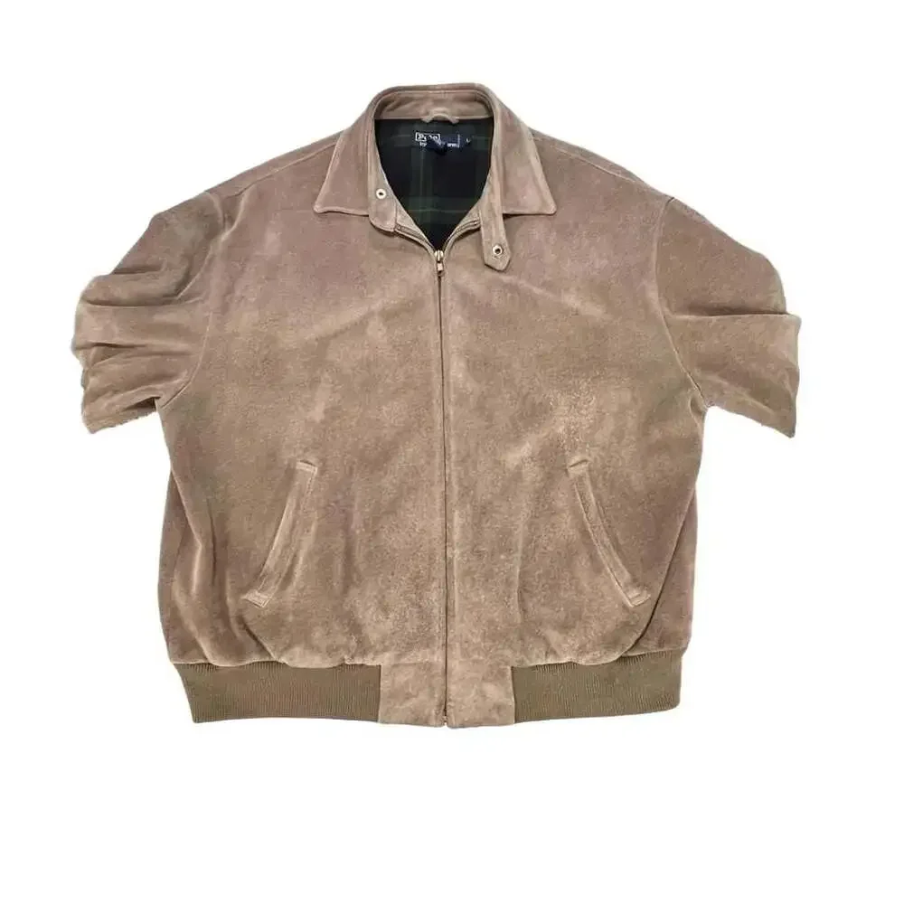 VTG 90s Polo Ralph Lauren Suede Bomber - Men's Large Blank Back Plaid Liner